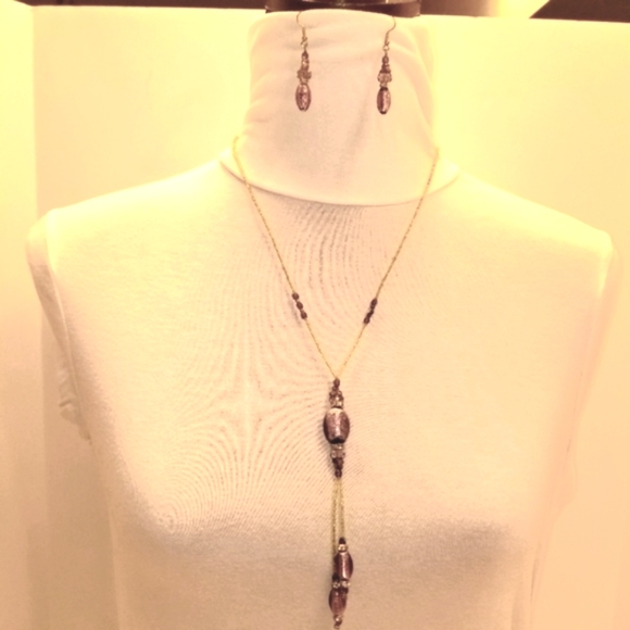 🔻REDUCED Vecchia Murano Italian Handblown purple glass beads Y necklace earring - Picture 1 of 15